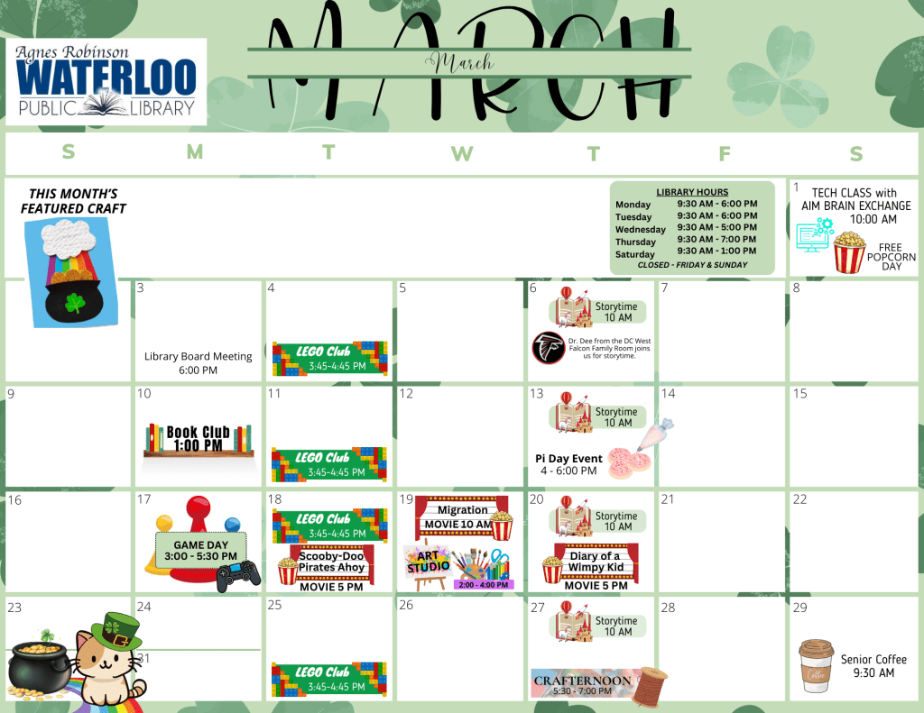 A March calendar featuring the month's events, which are all described in text below