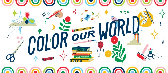A banner featuring various art supplies, flowers, books, and arches. The words "Color Our World" slant across the middle.