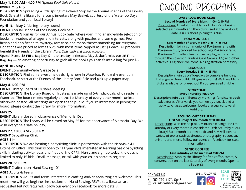 Descriptions of our May events. All of the information is listed as paragraphs below.