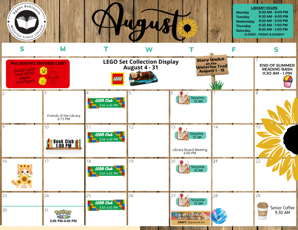 An August calendar with all the library events for the month. All events are listed in text below.