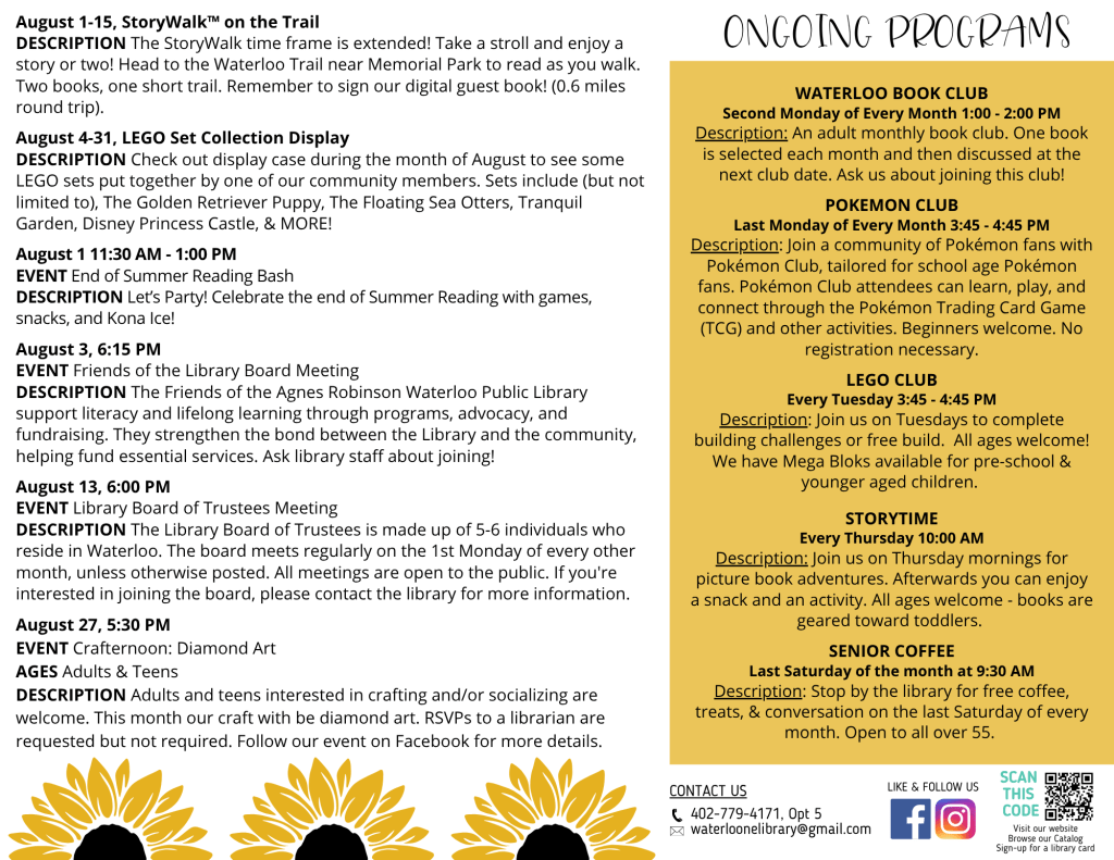 Descriptions of August events. All information is listed as text below.