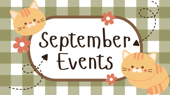 Text says September Events. The background is green plaid and there are flowers, cats, and arrows decorating the area around the text