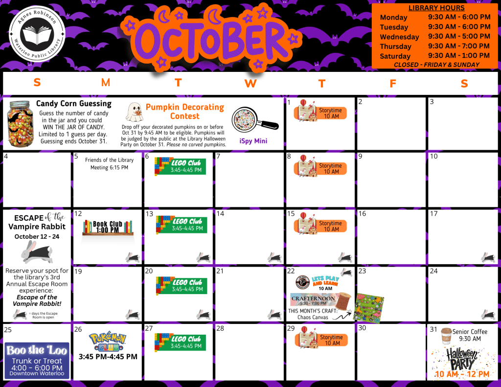 An October calendar with the month's events on it. All information is in text below.
