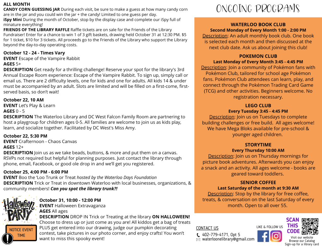 Descriptions of October Events. All information is in text below.