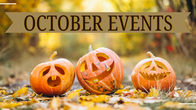 Three jack-o-lanterns with silly faces on a leaf-covered path. A banner above them reads "October Events"